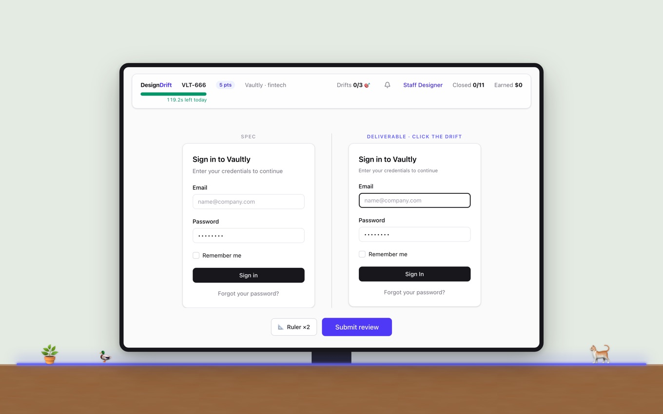 DesignDrift gameplay: spec and deliverable of the same sign-in card side by side on a monitor at a desk