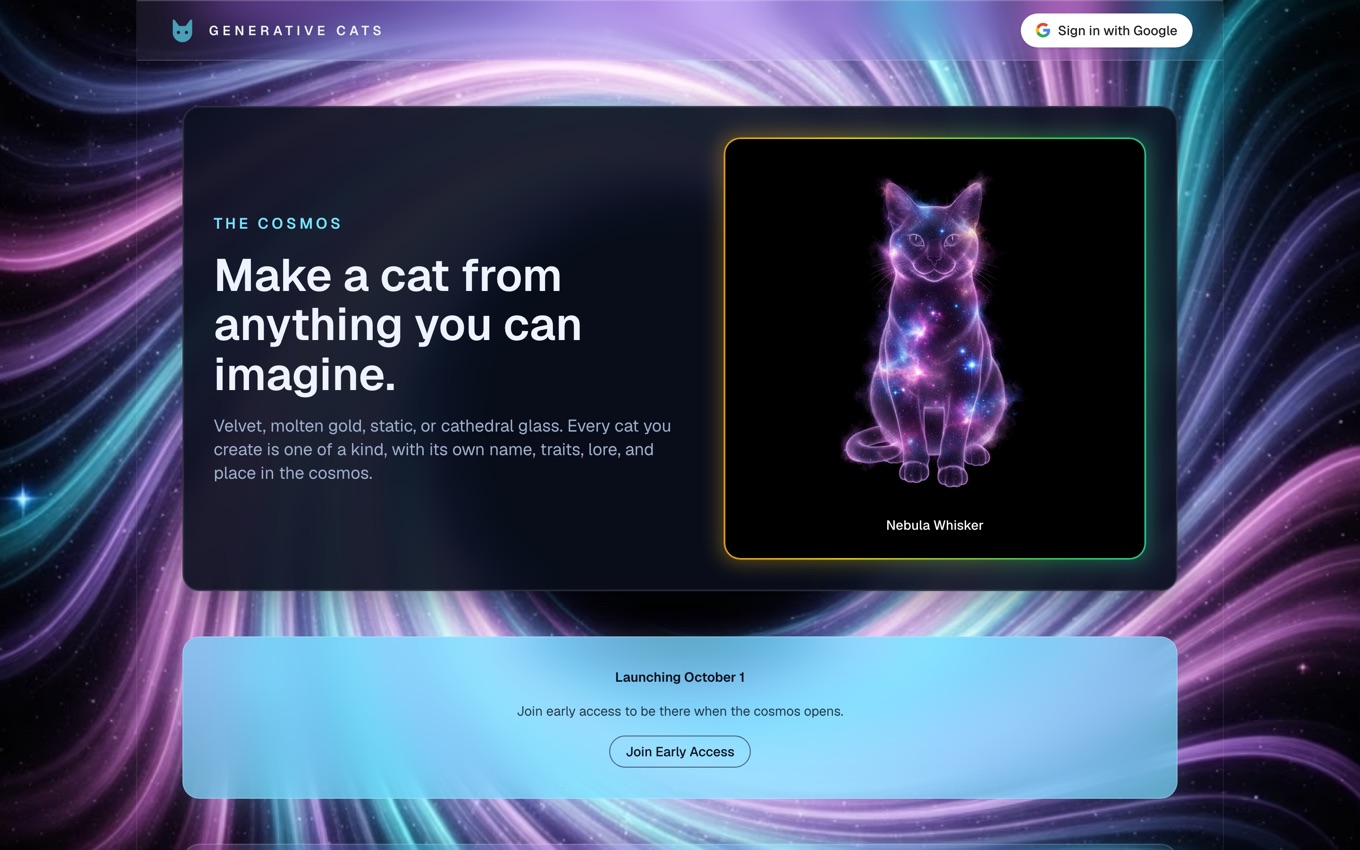 Generative Cats landing page — a glowing nebula cat card in the hero